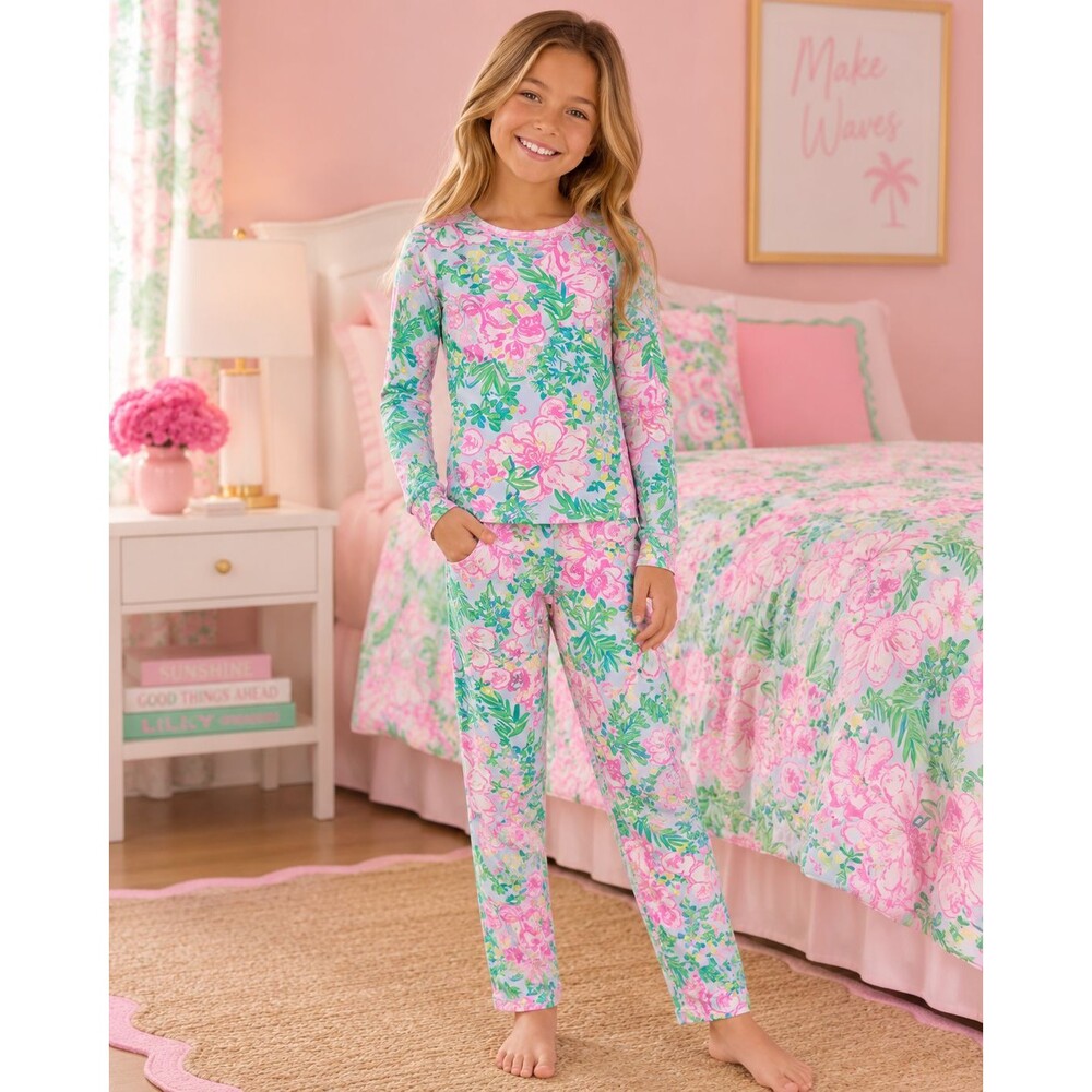 Lilly Pulitzer Girls Pajama Set Size 8 Seasalt Blue Fruity Flamingo Print Comfy